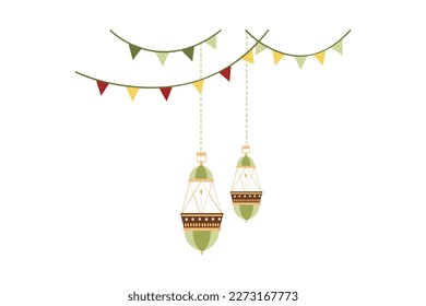 Symbols of Ramadan Mubarak, Hanging Gold Lanterns, arabic lamps, lanterns moon, lantern element, star, art, vector and illustration