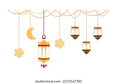 Symbols of Ramadan Mubarak, Hanging Gold Lanterns, arabic lamps, lanterns moon, lantern element, star, art, vector and illustration