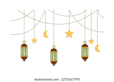 Symbols of Ramadan Mubarak, Hanging Gold Lanterns, arabic lamps, lanterns moon, lantern element, star, art, vector and illustration