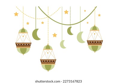 Symbols of Ramadan Mubarak, Hanging Gold Lanterns, arabic lamps, lanterns moon, lantern element, star, art, vector and illustration