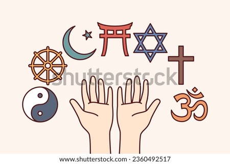 Symbols of religions and confessions near hands of person choosing best religion for worship or studying clergy. Islamic and christian religion icon near buddhism and judaism sign.