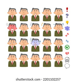 Symbols representing 20 kinds of facial expressions and emotions of senior men