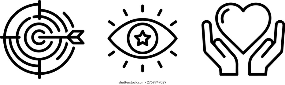 Symbols representing focus, vision, and compassion in a minimalist style