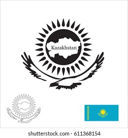 Symbols of the Republic of Kazakhstan, flag in color and map outline of the republic