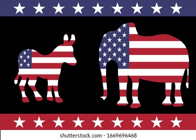 Symbols of the Republican and democratic parties of the United States : an elephant and a donkey, each on the background of the us flag. Picture for the US presidential election