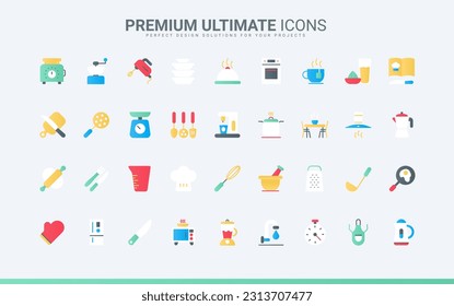 Symbols of restaurant or home equipment and tools for cooking, coffee machine and hood, scales and microwave, chefs apron and recipe book. Kitchen trendy flat icons set vector illustration