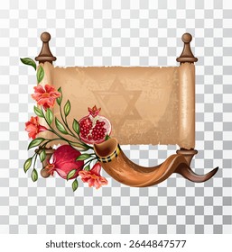Symbols of the Rosh Hashanah holiday: Torah scroll, horn of pomegranates. The illustration is drawn by hand. Handmade. Vector
