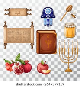 Symbols of the Rosh Hashanah holiday: Torah scroll, horn of pomegranates. The illustration is drawn by hand. Handmade. Vector