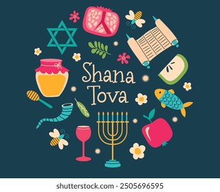 Symbols of rosh hashanah (jewish new year). Greeting card banner with traditional icons. Happy New Year, Shana Tova in Hebrew. Apple, honey, flowers and leaves, Jewish New Year symbols and icons.