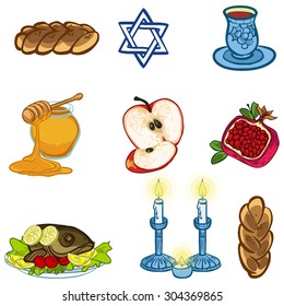 Symbols of Rosh Hashanah (Jewish New year). vector illustration iconset