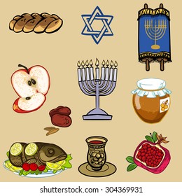 Symbols of Rosh Hashanah (Jewish New year). vector illustration iconset