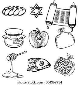 Symbols of Rosh Hashanah (Jewish New year). vector illustration iconset