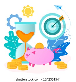 Symbols Of Saving Money And Time: Piggybank, Target As A Symbol Of Achieving The Goal, Hourglass As A Symbol Of Economical Use Of Time In The General Context. Vector Illustration 