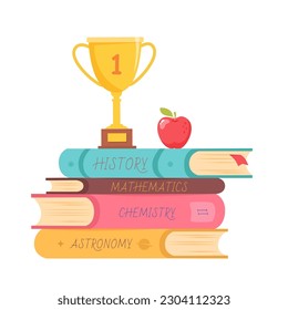 Symbols of school knowledge and education vector illustration. Cartoon isolated stacked paper books to study chemistry, history, astronomy and mathematics in classroom, golden award cup and apple