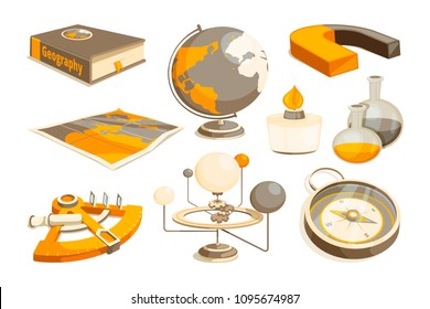 Symbols of science and geography. Tools for laboratory. Vector monochrome pictures set. Illustration of equipment measurement, instrument magnet and sextant