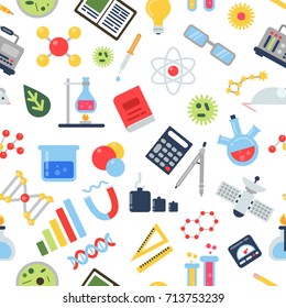Symbols of science and medicine. Chemical equipment isolated. Vector seamless pattern chemical laboratory elements and medical experiment illustration