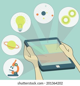 Symbols of science in the tablet: microscope, planet gear, solar system, atom, light. Surfing the tablet. Science connected through tablet