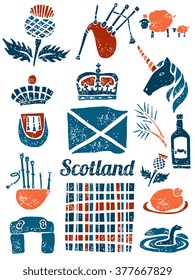 Symbols of Scotland, St. Andrew symbols and plaid. Vector set in lino style