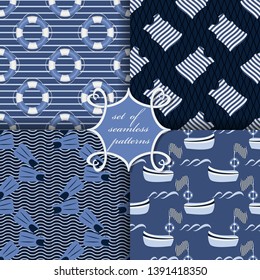 Symbols of the sea, nautical theme. Set of seamless vector illustrations.