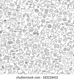 Symbols seamless pattern in black and white (repeated) with mini doodle drawings (icons). Illustration is in eps8 vector mode.