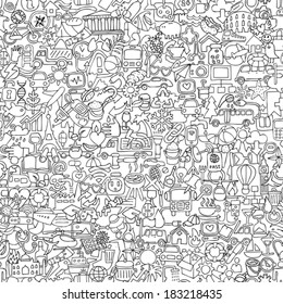 Symbols seamless pattern in black and white (repeated) with mini doodle drawings (icons). Illustration is in eps8 vector mode.