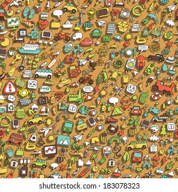 Symbols seamless pattern (repeated) with mini doodle drawings (icons). Illustration is in eps8 vector mode.