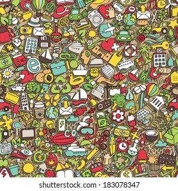 Symbols seamless pattern (repeated) with mini doodle drawings (icons). Illustration is in eps8 vector mode.