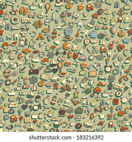 Symbols seamless pattern (repeated) with mini doodle drawings (icons). Illustration is in eps8 vector mode.