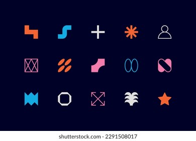 Symbols set. Abstract and basic shapes. Geometric forms. Minimalist icons. Flat vector concept. Modern signs. Isolated elements. Neo geo art.