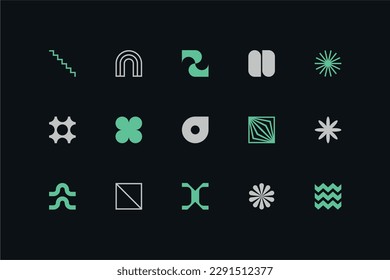 Symbols set. Abstract and basic shapes. Geometric forms. Minimalist icons. Flat vector concept. Modern signs. Isolated elements. Neo geo art.