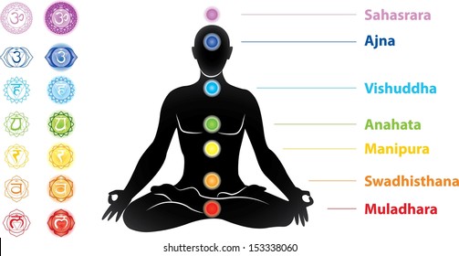 Symbols of seven chakras and man silhouette vector