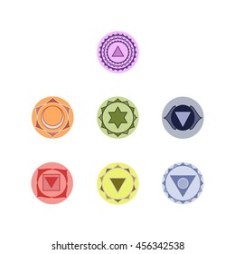 Symbols of seven chakras, vector illustration.
Yoga icon set. Muladhara, mooladhara, svadhisthana, swadhisthana, manipur, manipura, anahata, vishuddha, vishudha, ajna, sahasrara, akasha, third eye. 