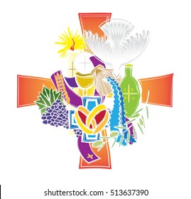 Symbols of the seven sacraments of the Catholic Church. Abstract artistic modern color vector religious illustration.