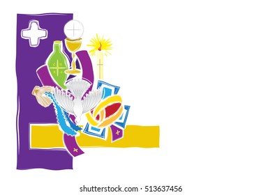 Symbols of the seven sacraments of the Catholic Church. Abstract artistic modern color vector religious illustration.