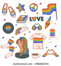 Symbols and signs depicting lgbt pride and love, tolerance towards homosexuals and lesbians, transgenders. Clouds and rainbow, color scheme on tshirt and flag, book or socks. Vector in flat style