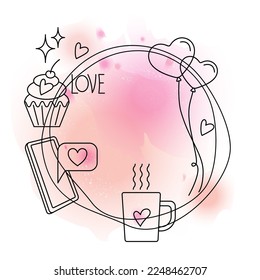 symbols and signs of love in the style of a sketch on a watercolor background. linear art background for messages and invitations for Valentine's day, date, wedding. stock vector illustration. EPS 10.