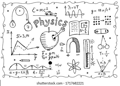 Symbols and signs for the school lesson physics, numbers, formulas, magnet, speed, gravity. Handdrawn doodle black line vector illustration. The concept of education and home-based online learning.