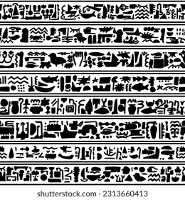 Symbols similar to Egyptian hieroglyphs. Monochrome line black white vector seamless pattern border