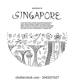 Symbols of Singapore round design concept. Outline vector illustration.