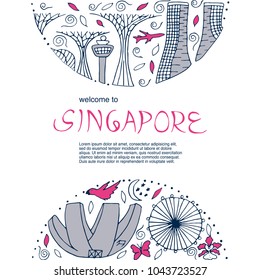 Symbols of Singapore round design concept. Culture and architecture of Singapore. Hand drawn vector illustration.