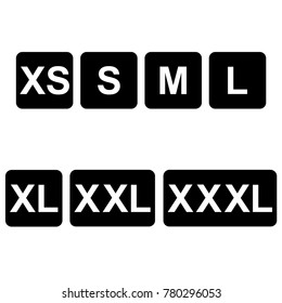 Symbols size clothing. set of labels of various size items. white markings on a black background, separated