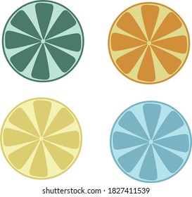 Symbols of slices of lemon, orange and green lemon in different colors