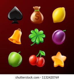 Symbols of slot machine. Set of vector realistic pictures. Illustration of star and lemon, bell and apple, realistic leaf