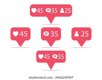 Symbols for social network. Notification icons social media Template heart, comment, request in friend. Vector illustration in flat style