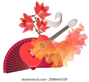 Symbols of Spain and flamenco. Acoustic guitar, fan, manton, soaring into the sky like a bird. Bouquet of pink-red lilies, musical staff.