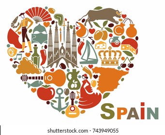 The symbols of Spain in heart shape. Vector illustration