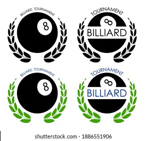 symbols sport ball for billiard on white background with winner laurel wreath. Pool and snooker competition. Isolated vector