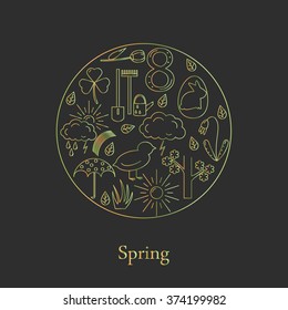 Symbols of spring in the style of line, located in the circle. 