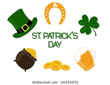 Symbols of St. Patrick's Day green shamrock leaf and hat, pot of gold, beer mug, gold coins, horseshoe isolated on white background