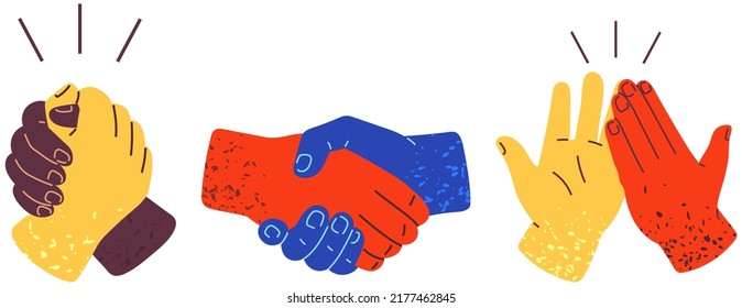 Symbols of success deal, happy partnership, greeting shake, handshake of agreement. Set of human arms and different handshakes. Colored hands hold each other. People shake their hands as sign of deal